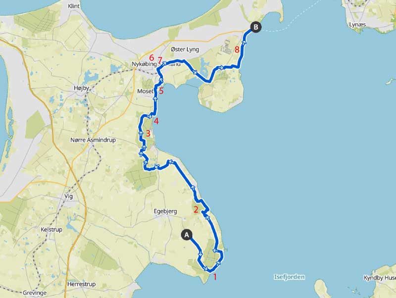Overnatningsmuligheder langs Fjordstiens etape 8 mellem Kongsøre Skov og Rørvig